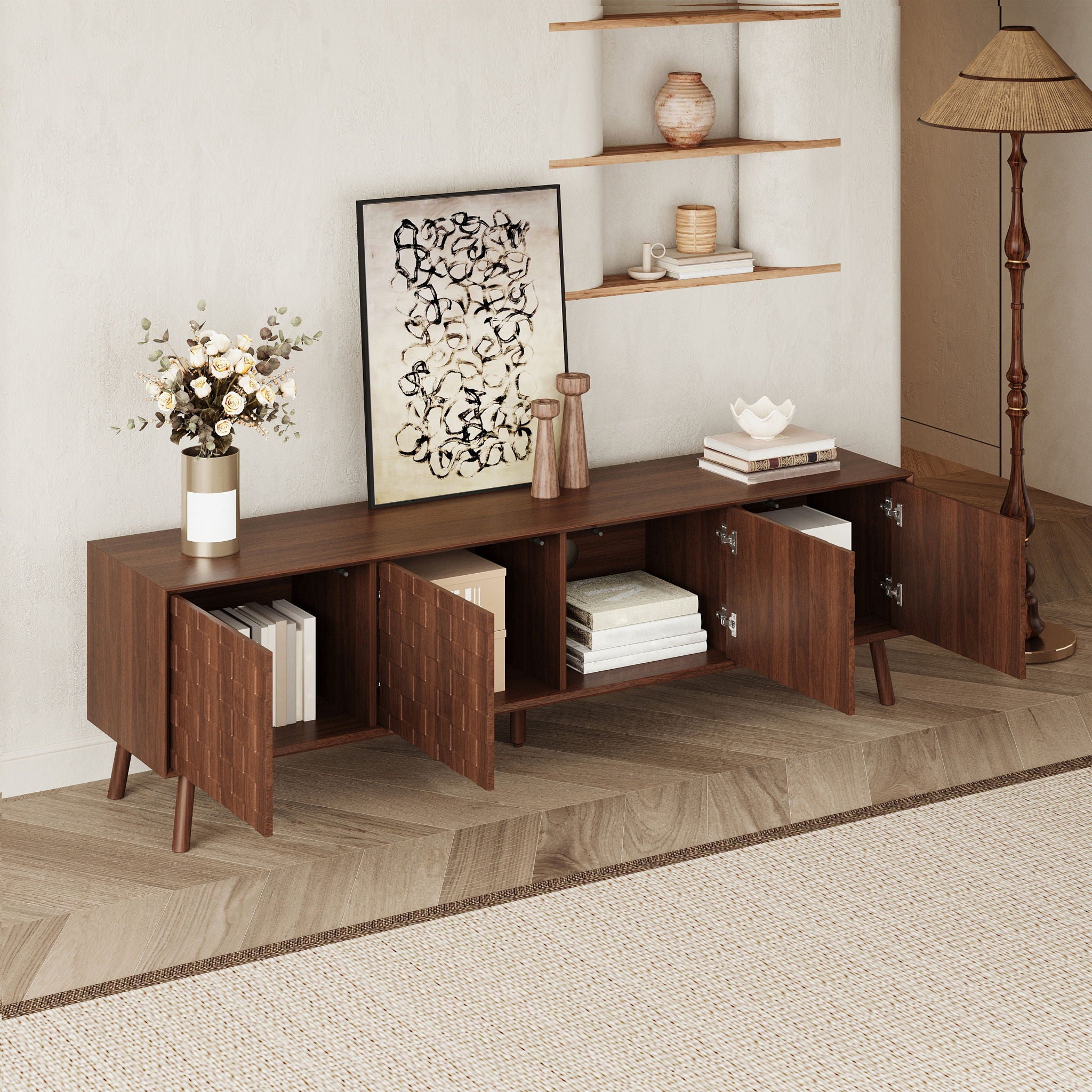 TV Stand With Soft Closing Hinges And Cable Management - Walnut