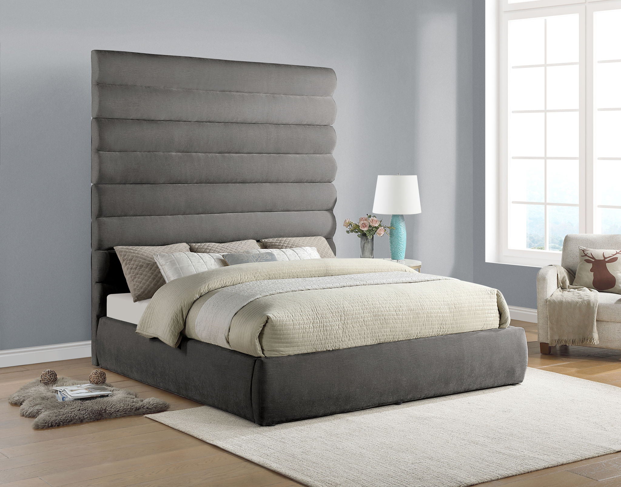 Adam - Chenille Fabric Bed With 89" Headboard