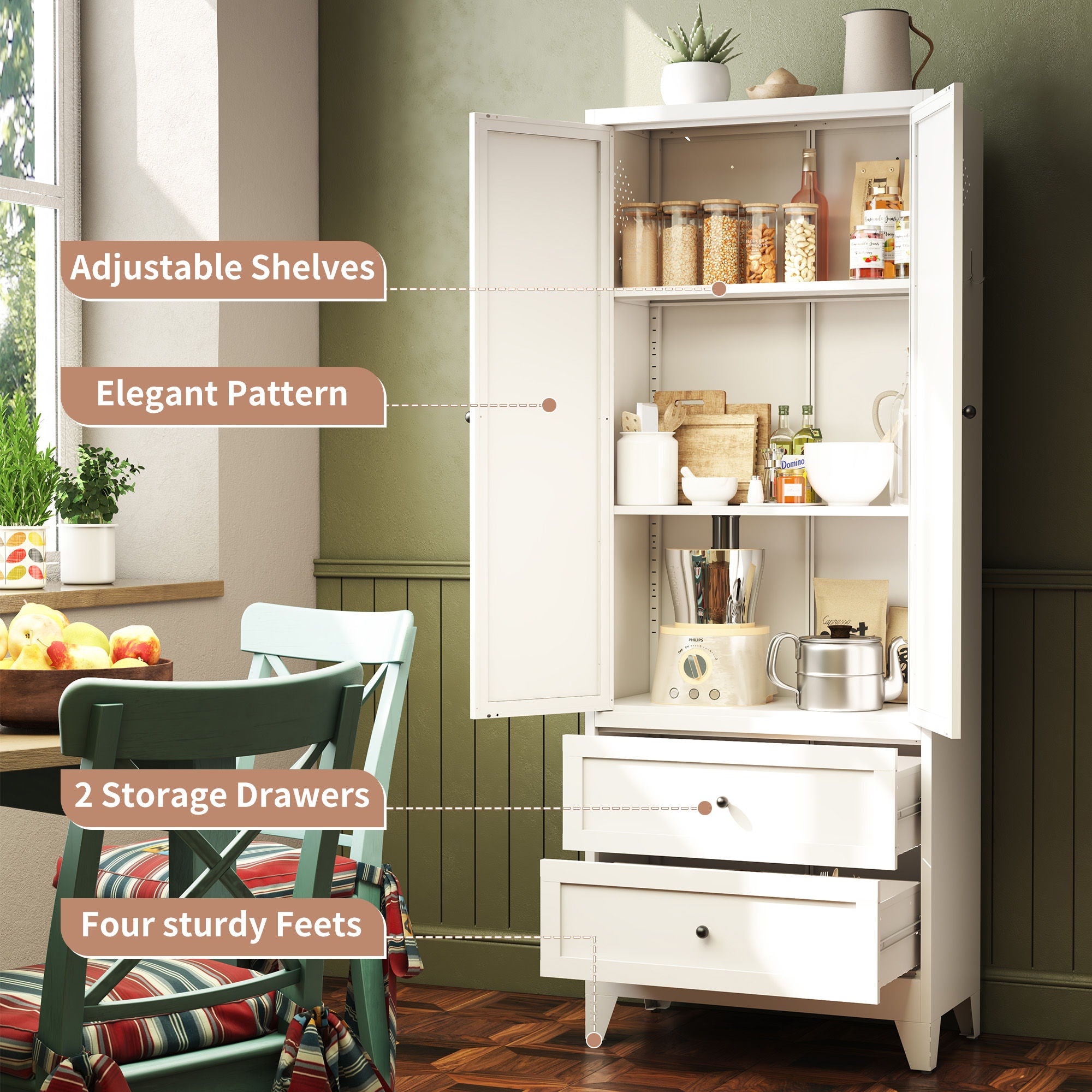 Pantry Cabinet With 2 Drawers, Adjustable Shelves, Freestanding Kitchen Storage Organizer - White
