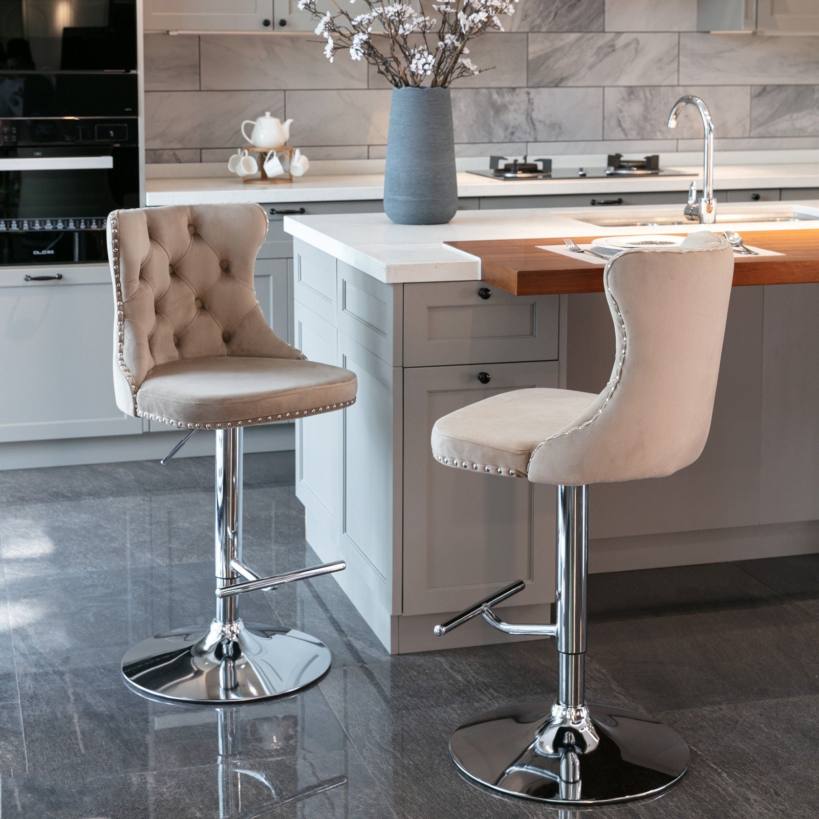 Swivel Barstools Adjusatble Seat Height From 25-33", Modern Upholstered Base Bar Stools With Backs Comfortable Tufted For Home Pub And Kitchen Island (Set of 2)