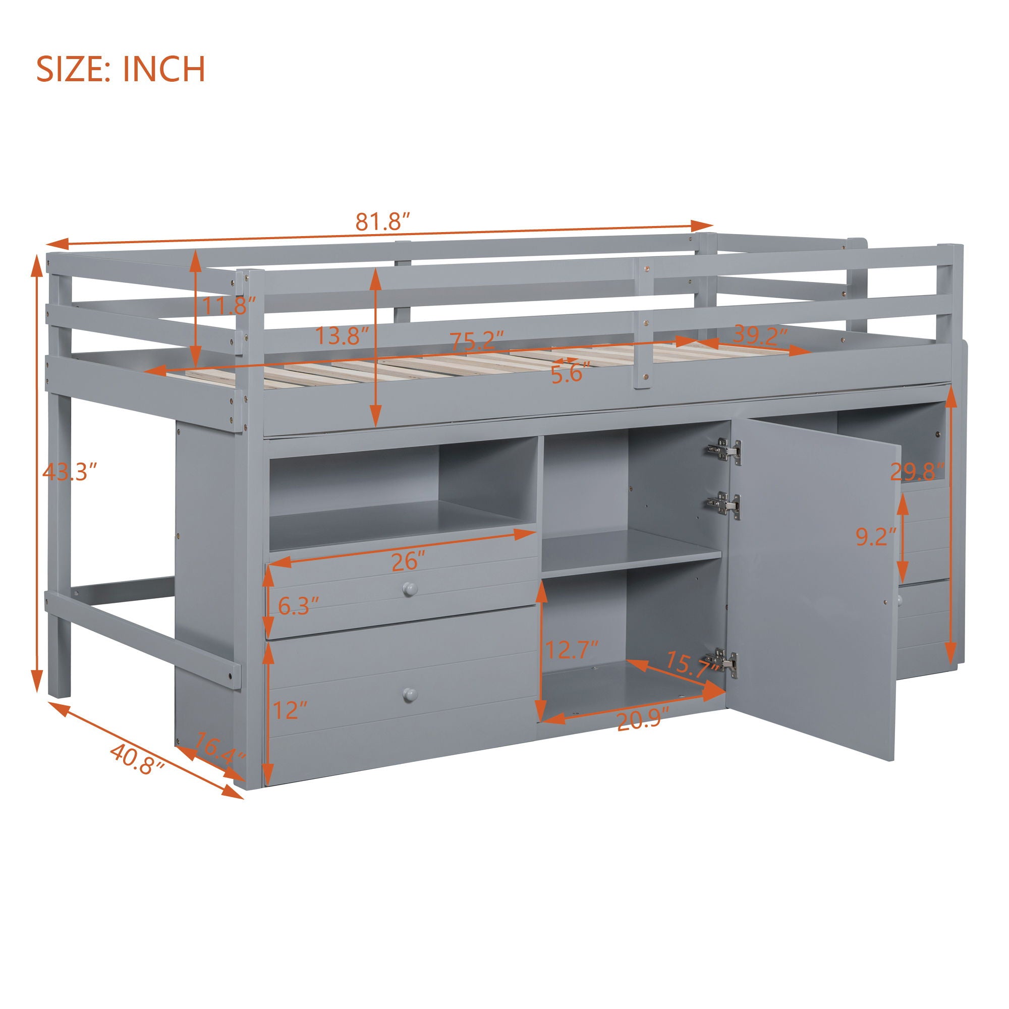 Loft Bed With 4 Drawers, Underneath Cabinet And Shelves