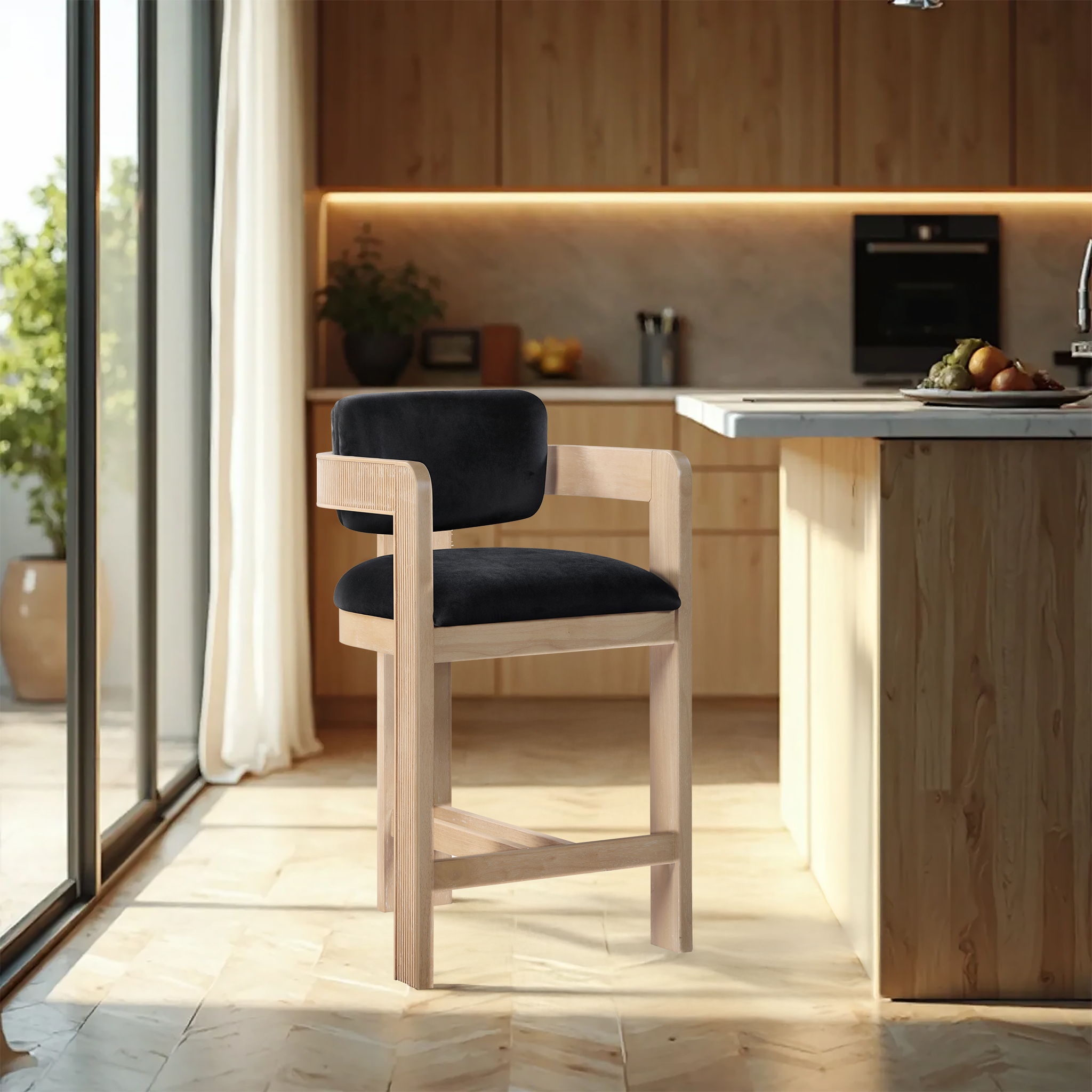 Sacha - Velvet Stool With Natural Base