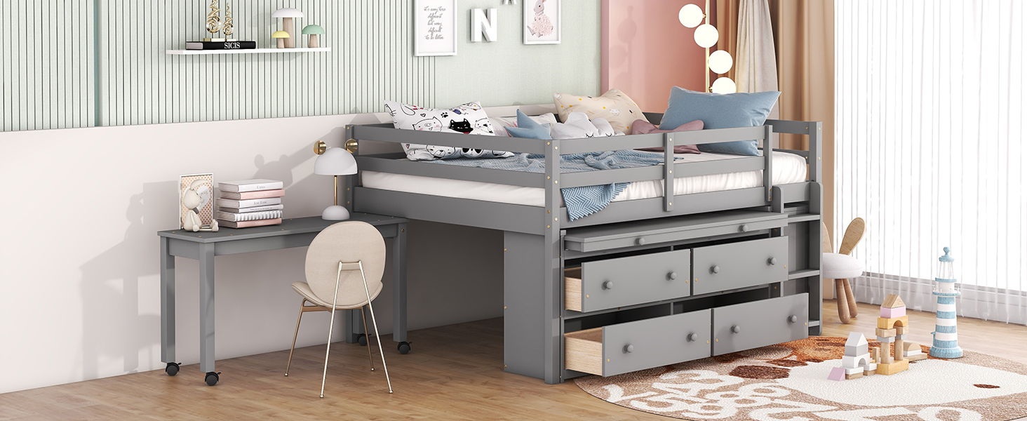 Loft Bed With Retractable Writing Desk And 4 Drawers, With Lateral Portable Desk And Shelves