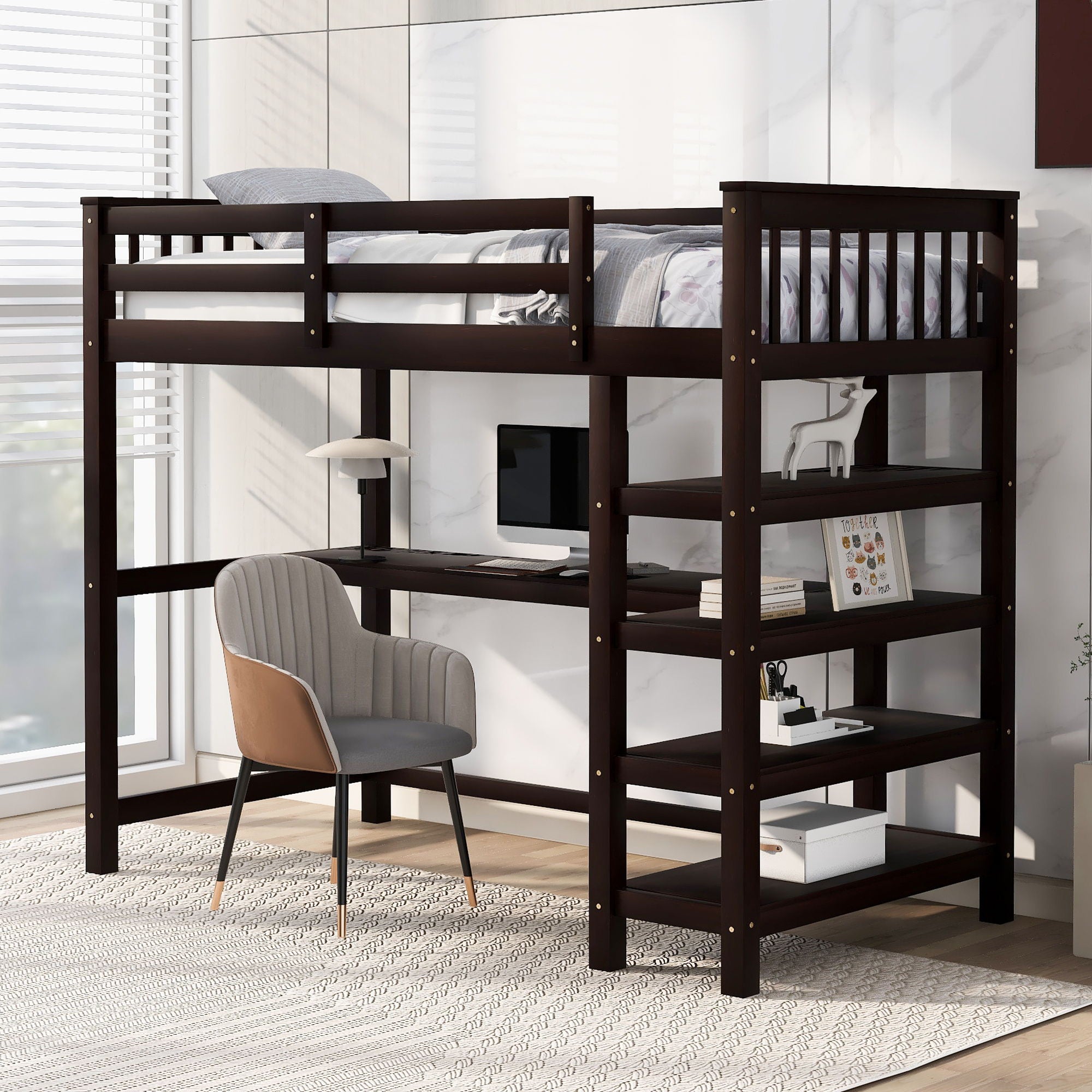 Loft Bed With Storage Shelves And Under Bed Desk
