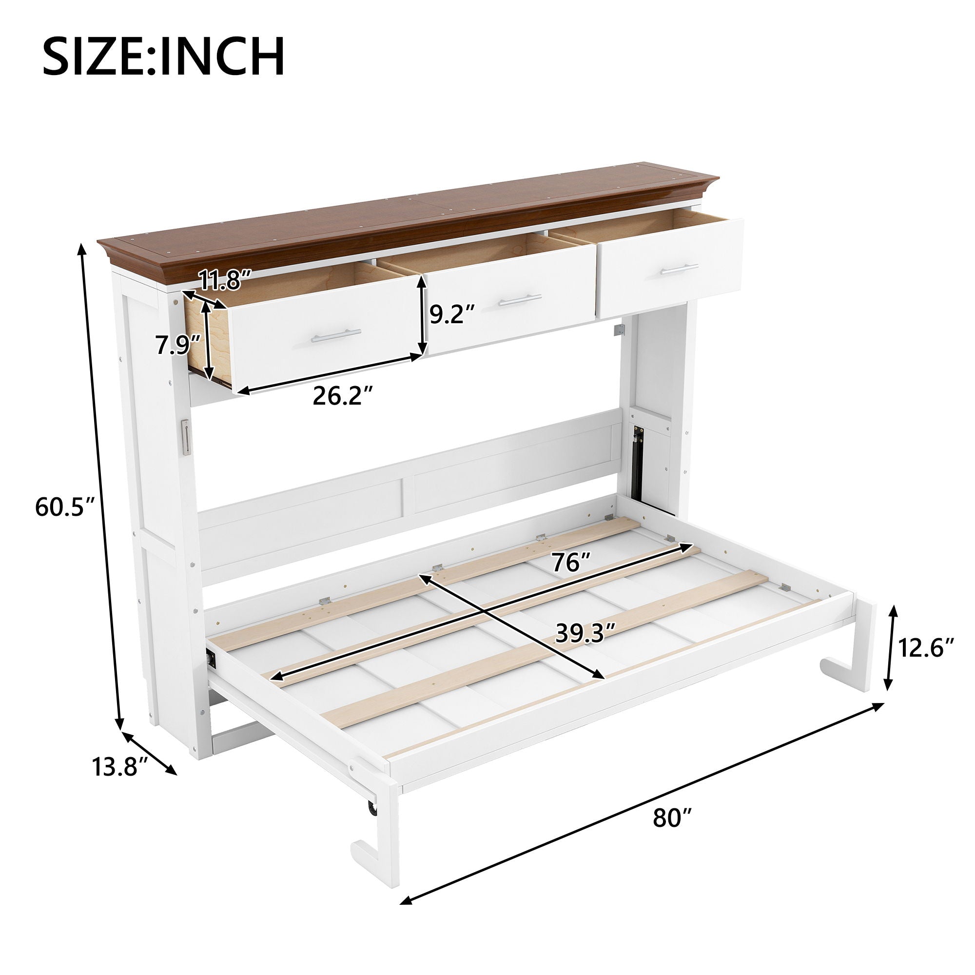 Twin Size Murphy Bed With 3 Drawers - White