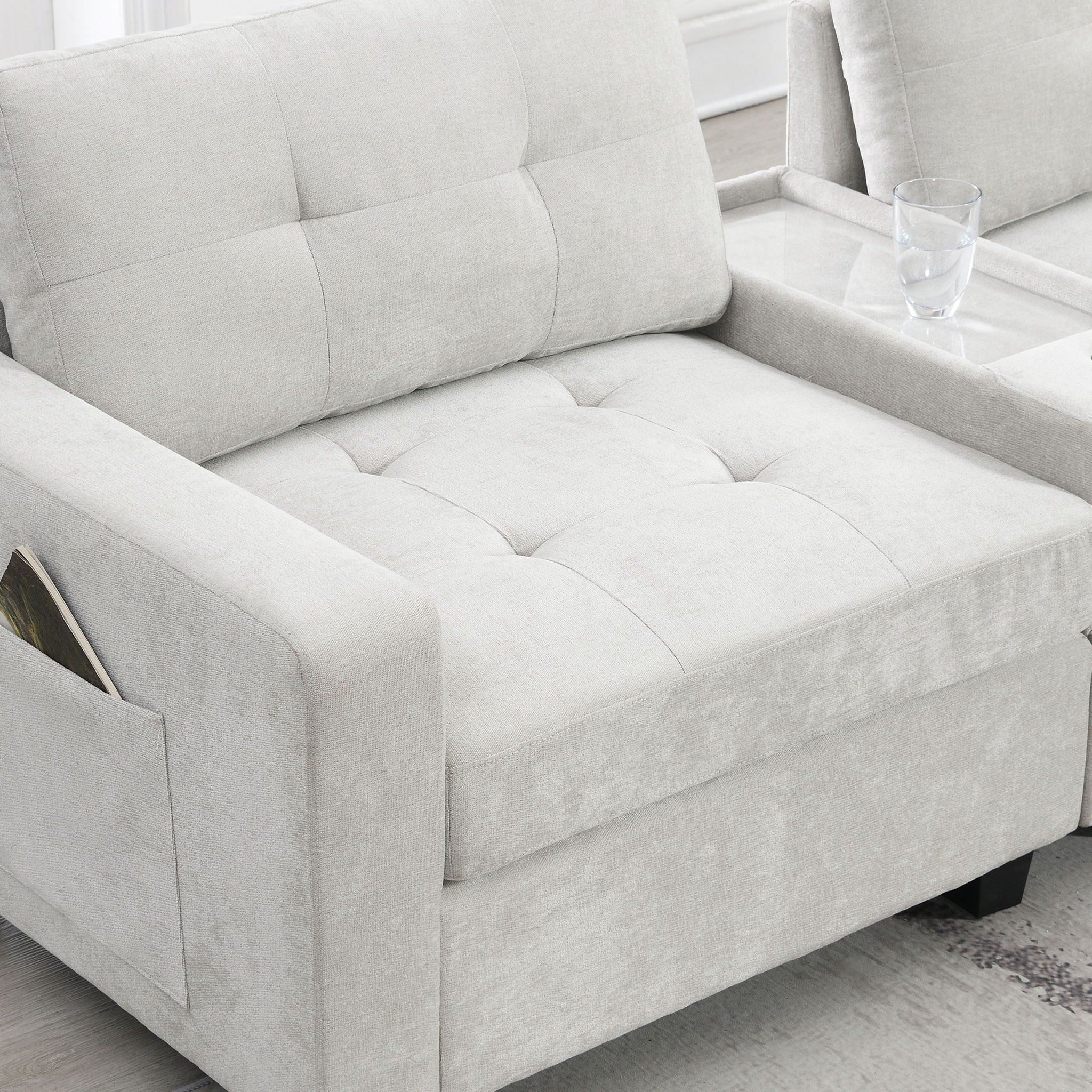 Sectional With Acrylic Table Top U Shaped Couch Set With 2 Consoles USB Charger, Storage Drawers And Pockets Movable Ottoman Tufted Sofa