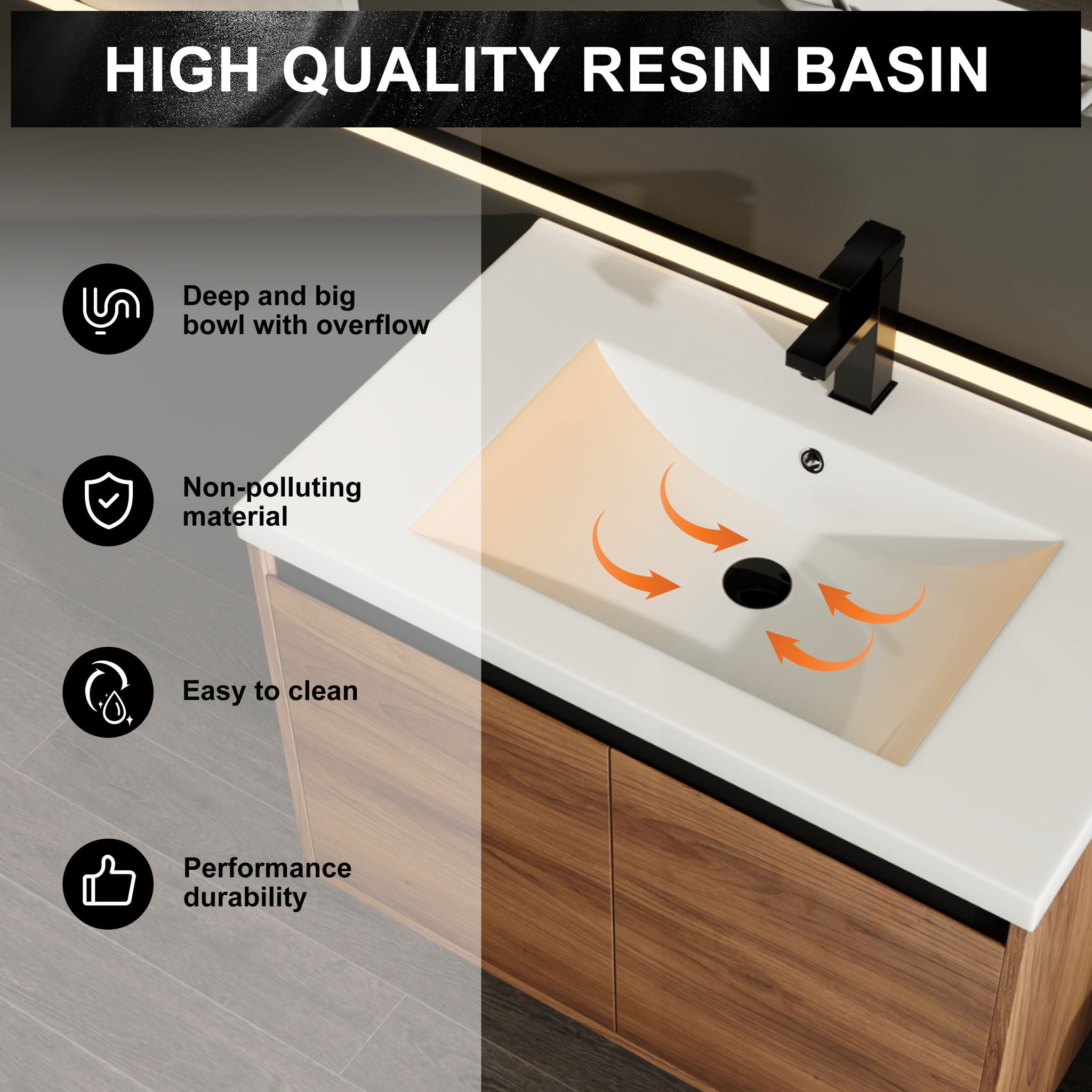 Bathroom Vanity Set With Resin Countertop Sink And 2 Doors, Engineered Wood