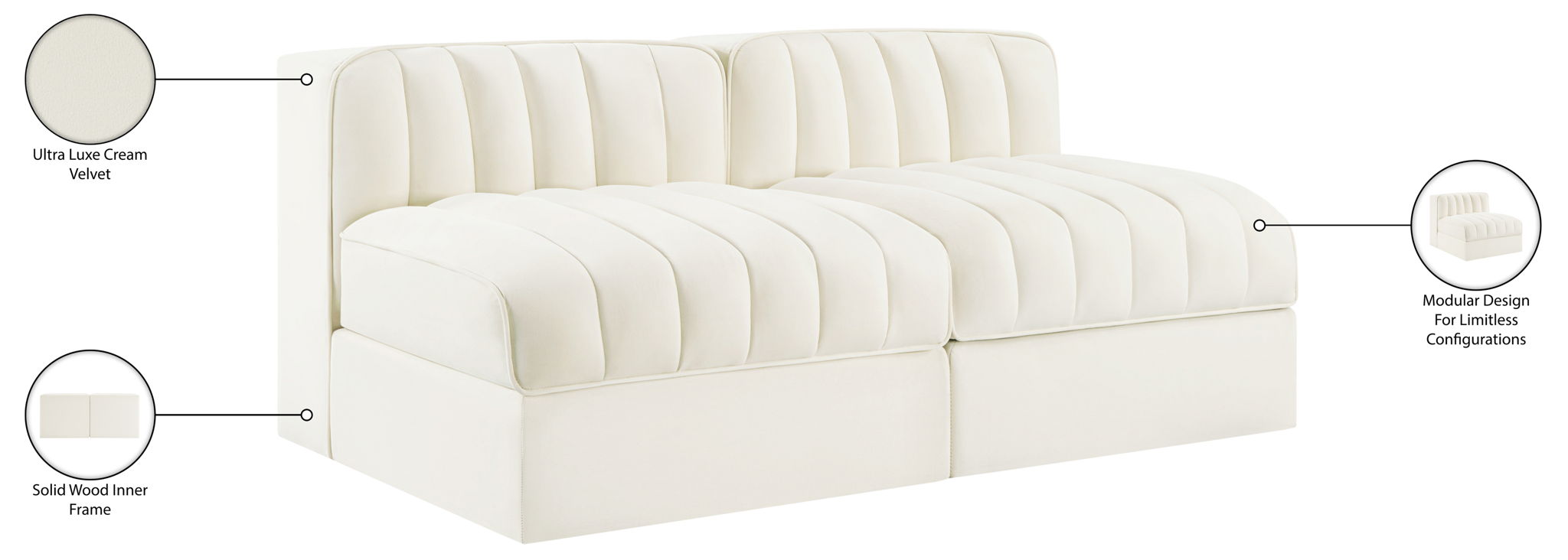 Rummi - Velvet Performance Fabric Upholstered 2 Piece Modular Armless Loveseat