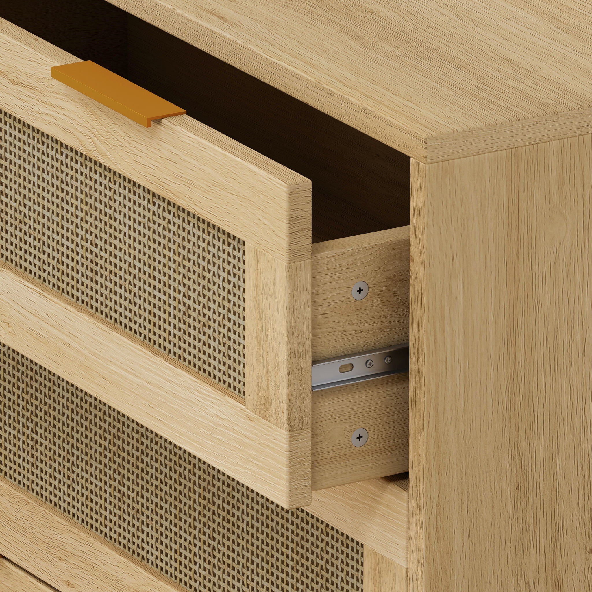 3 Drawer Storage Cabinet With Rattan Drawers For Bedroom, Living Room - Oak