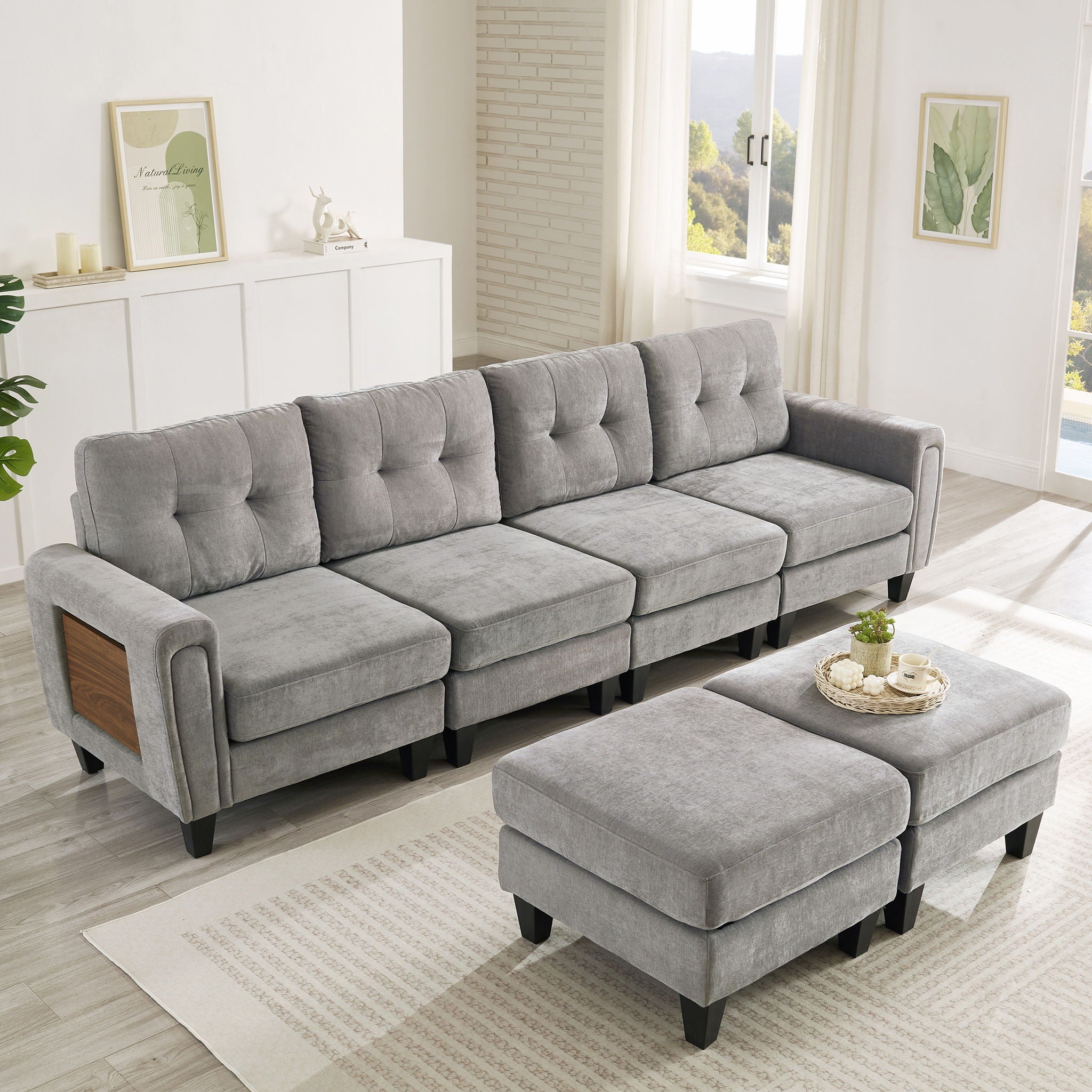 Modular Sectional Sofa With Movable Ottomans, USB Ports & Side Tables