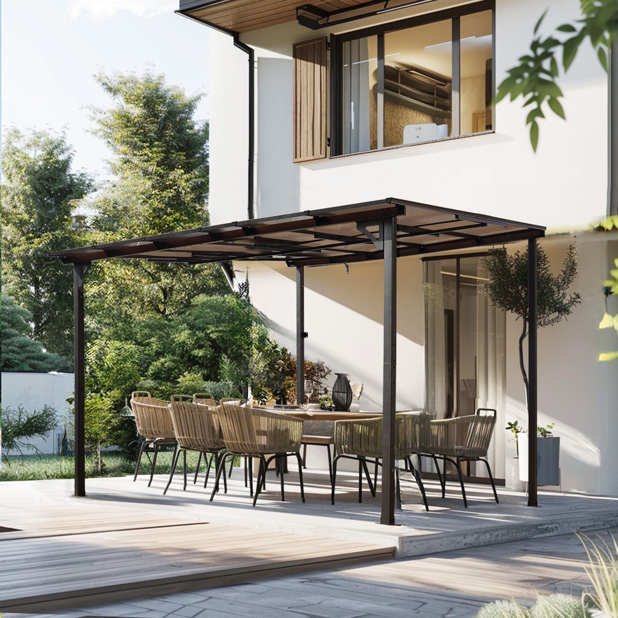 Wall Mounted Outdoor Pergola Gazebo, Heavy Duty Metal Awning With Roof