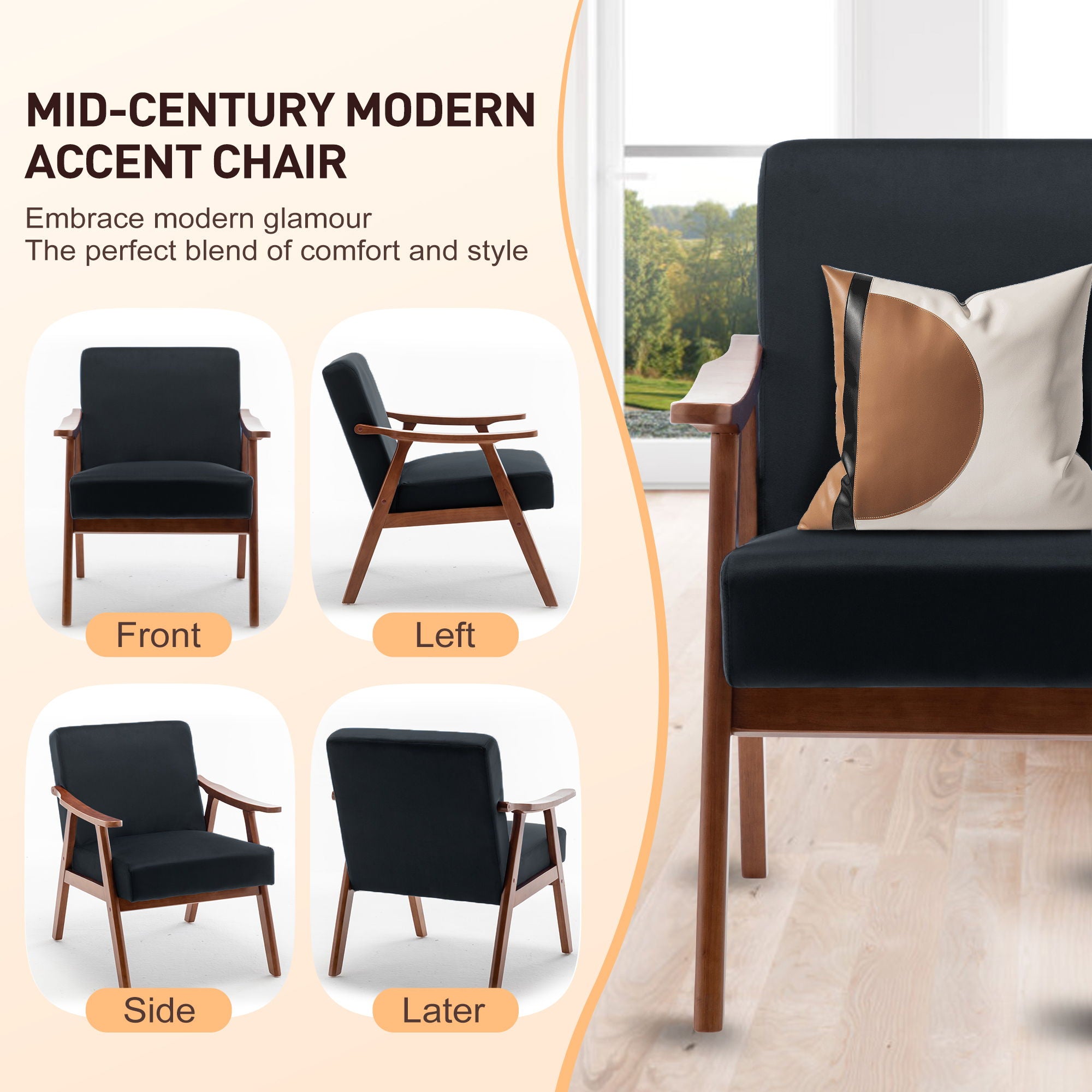 Mid Century Modern Accent Chair With Solid Wood Frame And Extra Thick Backrest