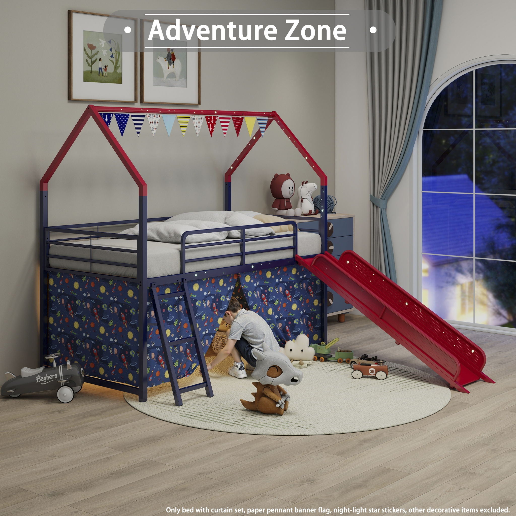 Jack - House Loft Bed With Slide And Curtain Set