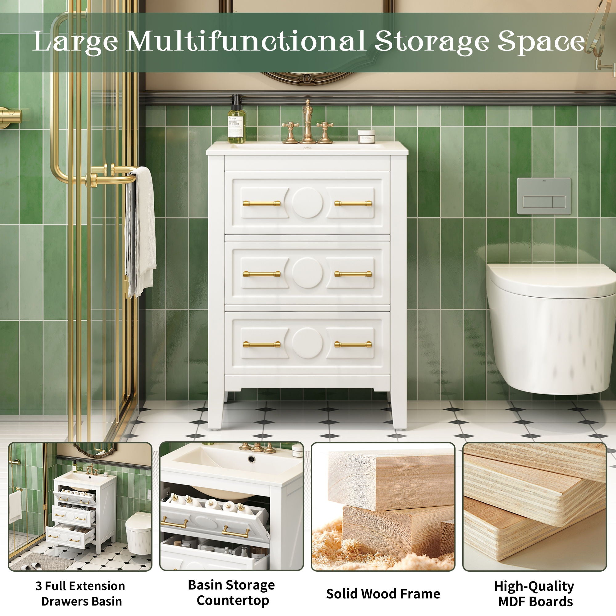 Bathroom Vanity With Sink, Free Standing Single Set, 3 Drawer Storage Cabinet