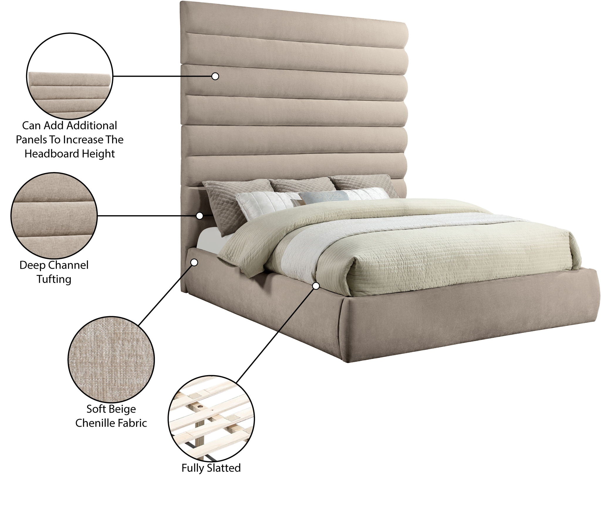 Adam - Chenille Fabric Bed With 89" Headboard