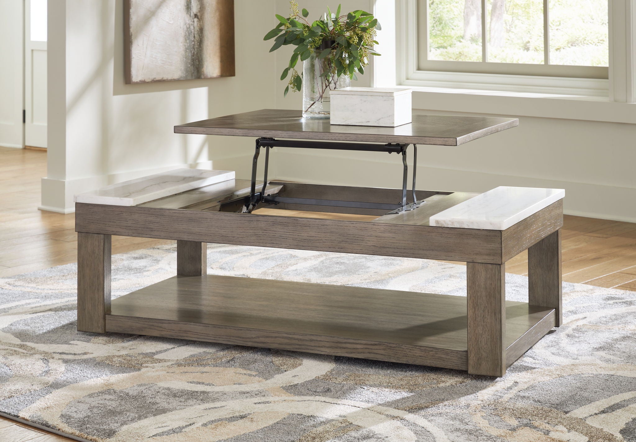 Loyaska - Lift Top Cocktail Table - Grayish Brown / White