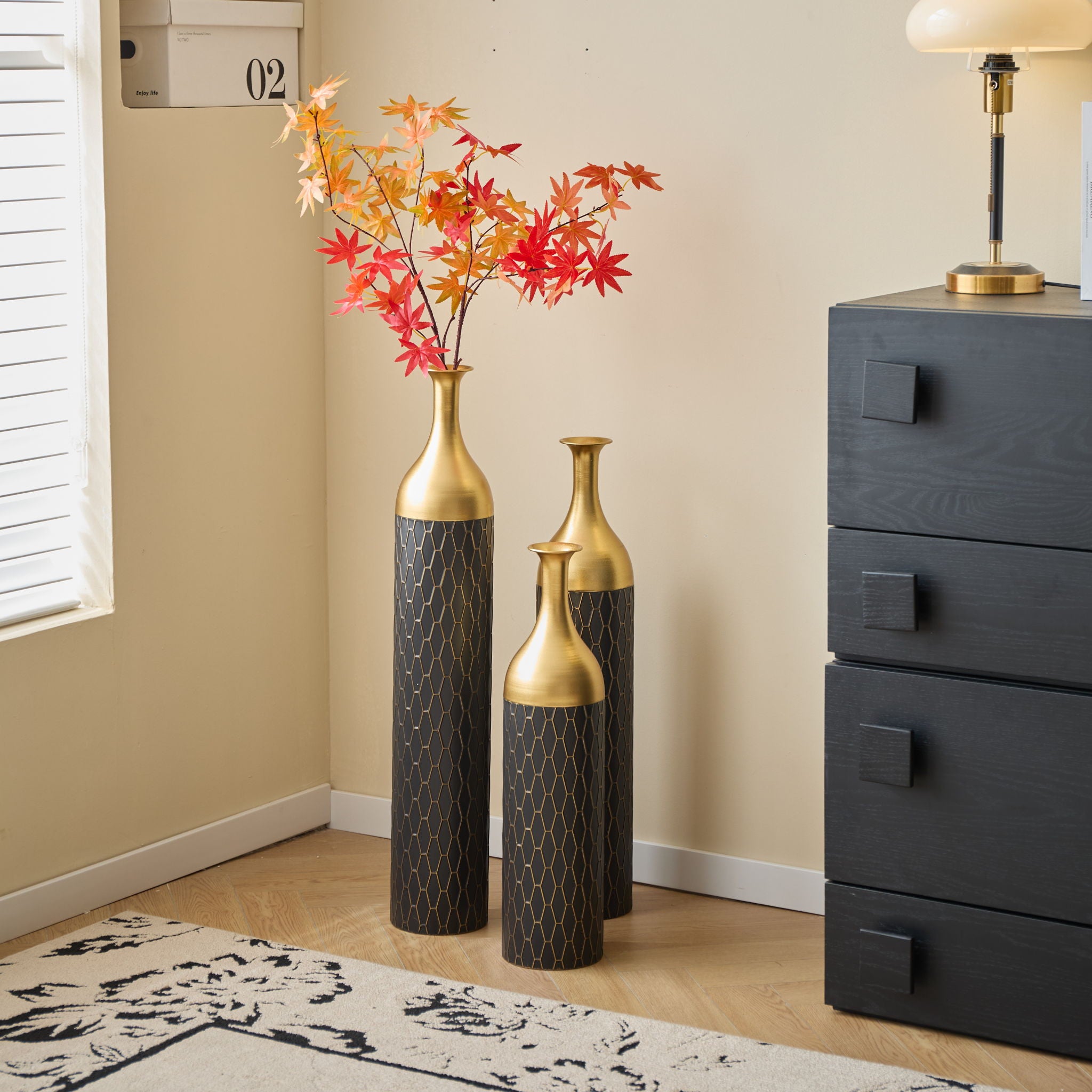Elegant Floor Vase Set Metal Decorative Vases 3 Piece Set For Floral Display, Wedding & Gift Decor - Gold / Black