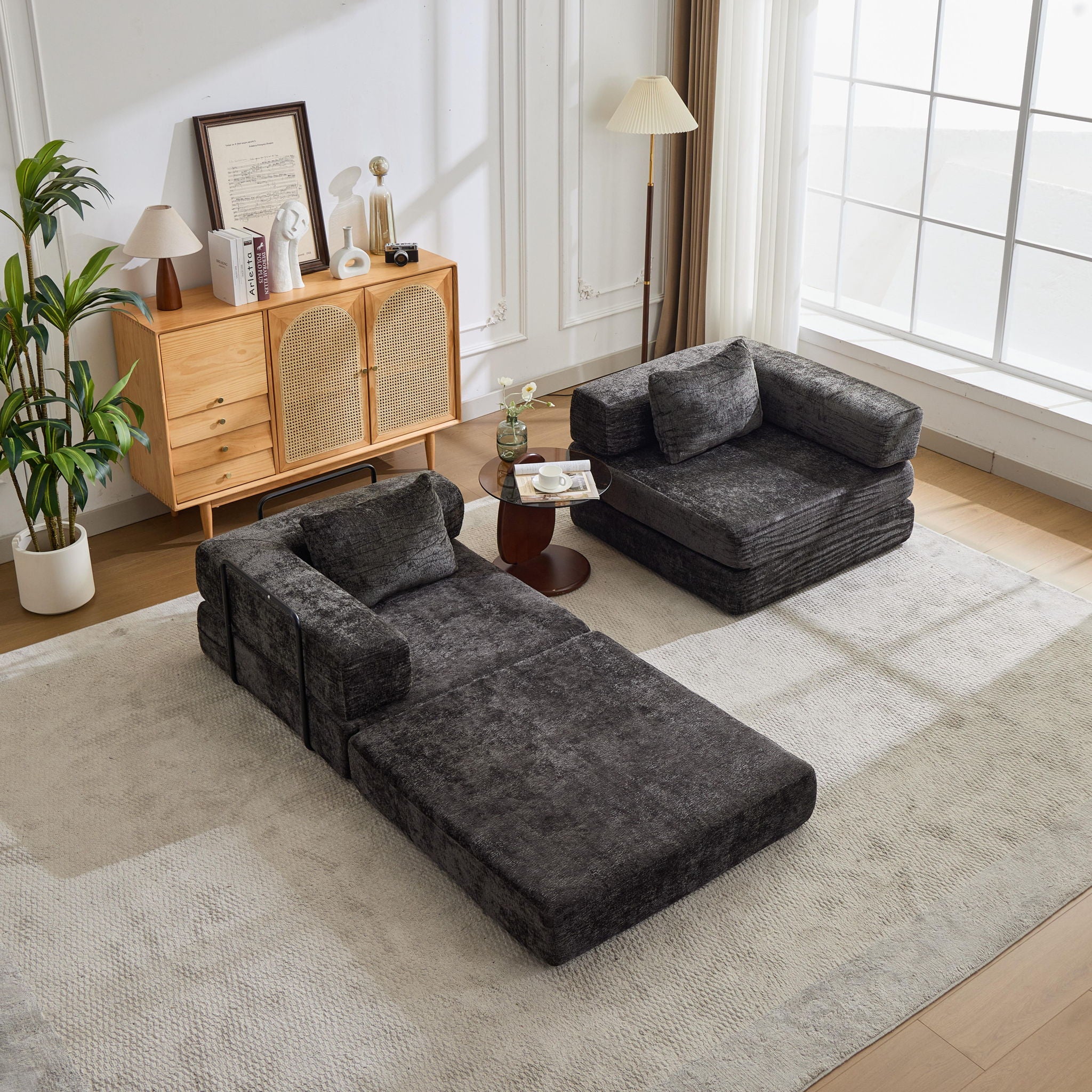 Convertible Floor Sofa Bed With Pillow Back Support Armrest