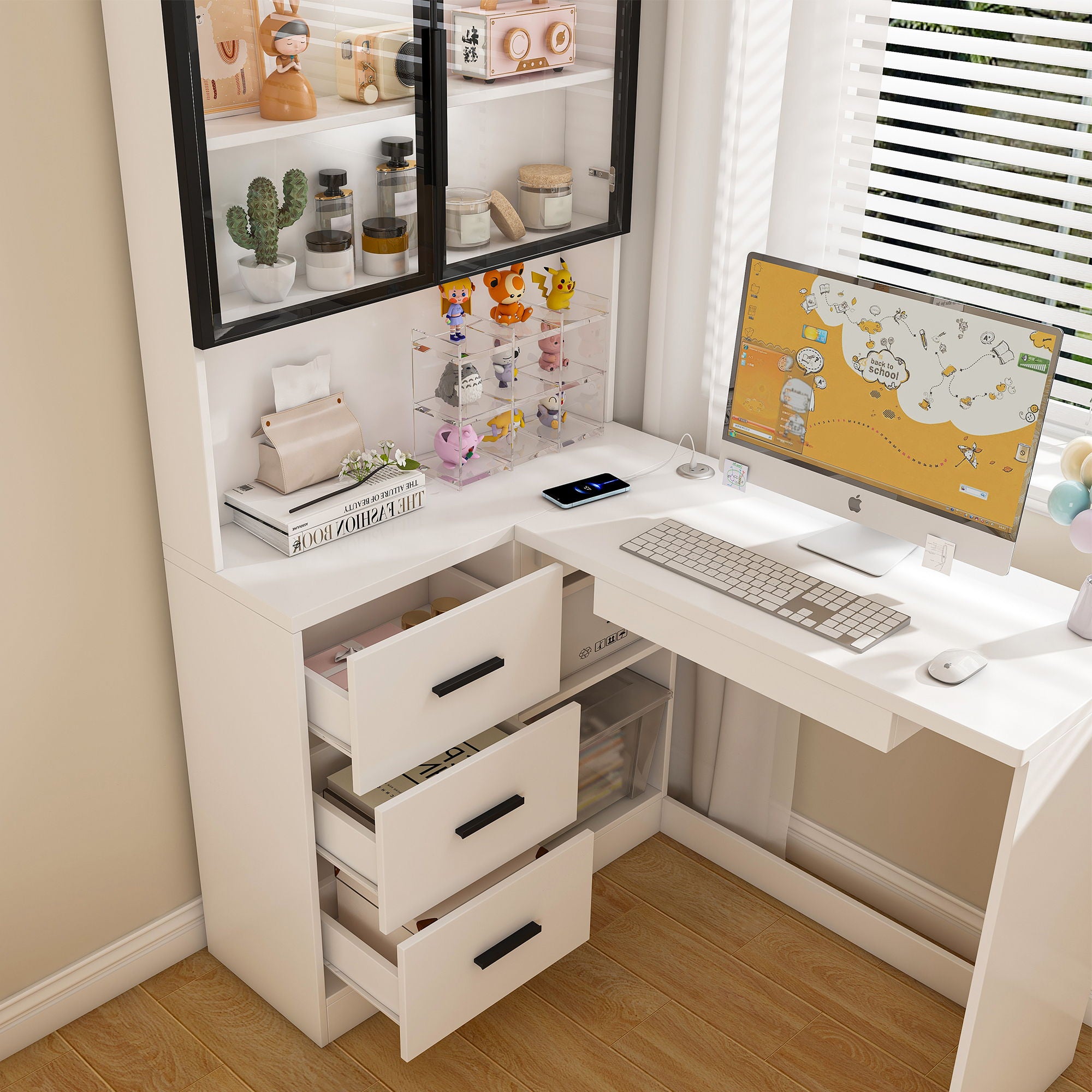 L-Shaped Computer Desk With Glass Cabinets, Built In LED Lights, USB Charging Ports