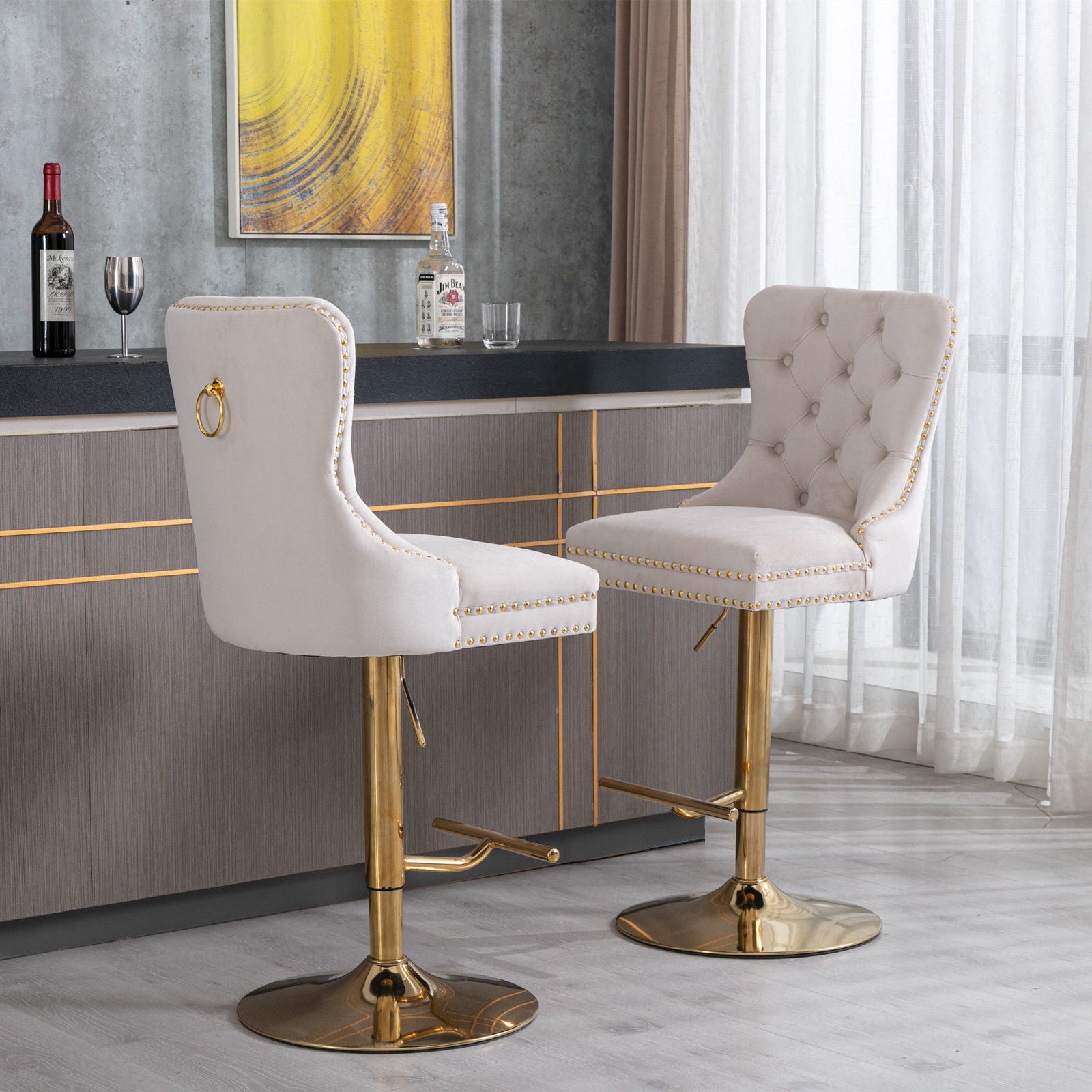 Thick Swivel Barstools Adjusatble Seat Height From 25-33", Modern Upholstered Bar Stools With Backs Comfortable Tufted For Home Pub And Kitchen Island (Set of 2)