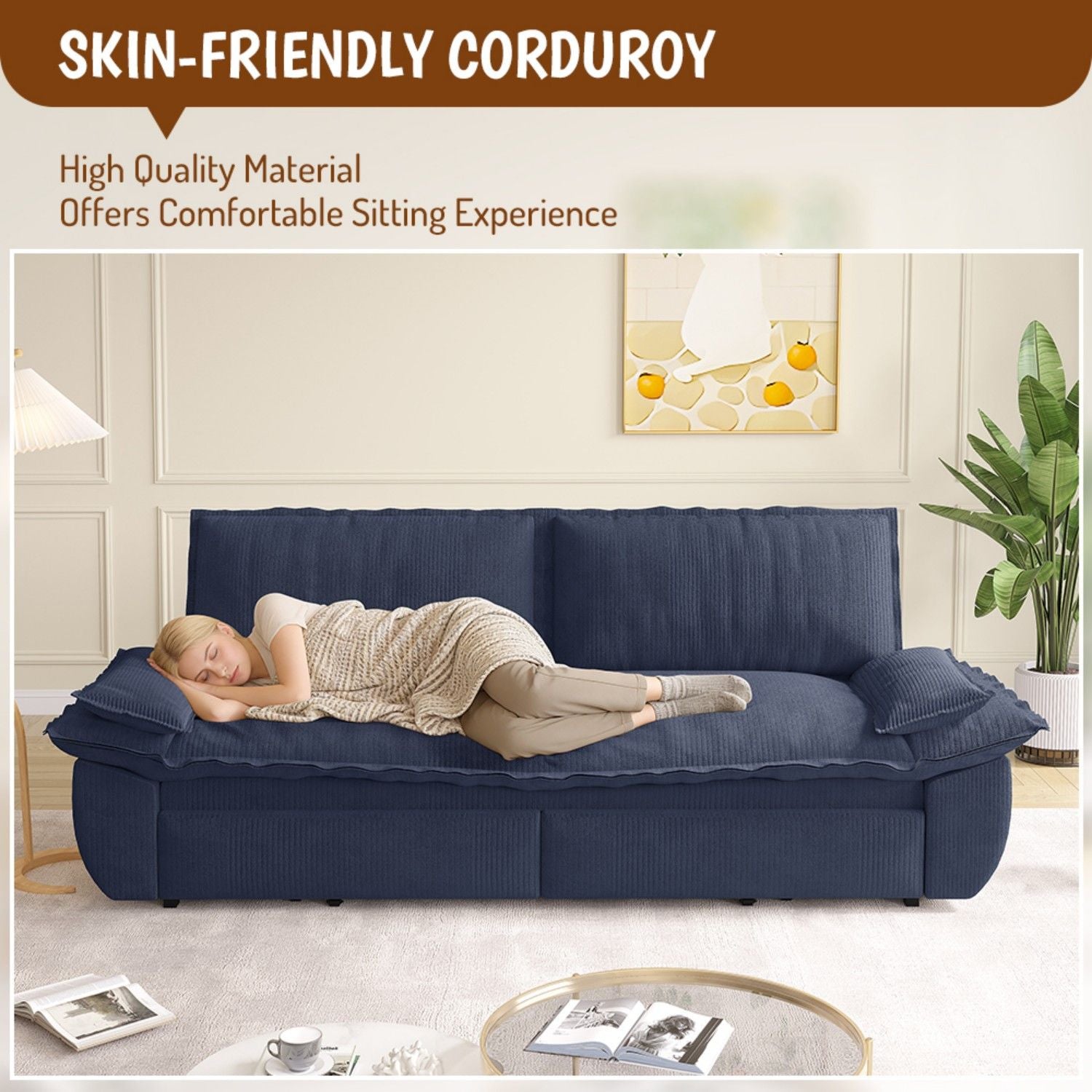Queen Pull Out 3 In 1 Convertible Sleeper Sofa Bed - Blue