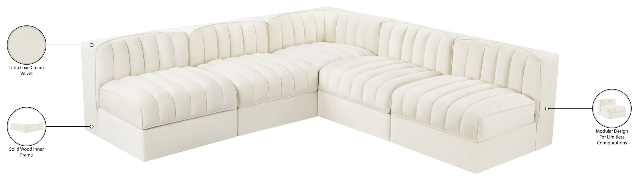 Rummi - Armless Velvet Performance Fabric Upholstered 5 Piece Modular Sectional