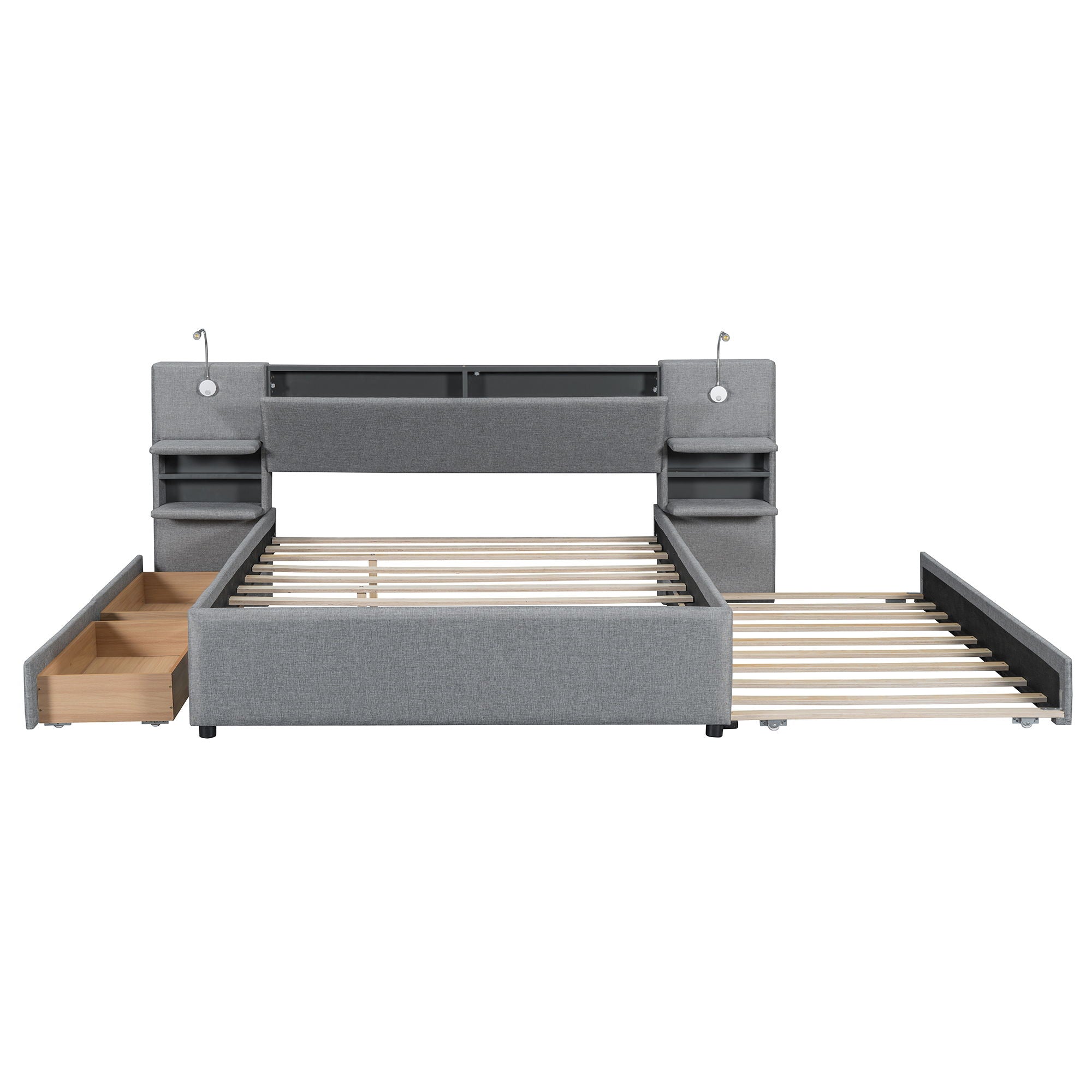 Upholstered Platform Bed With Reading Lights, Drawers, Trundle And Shelves