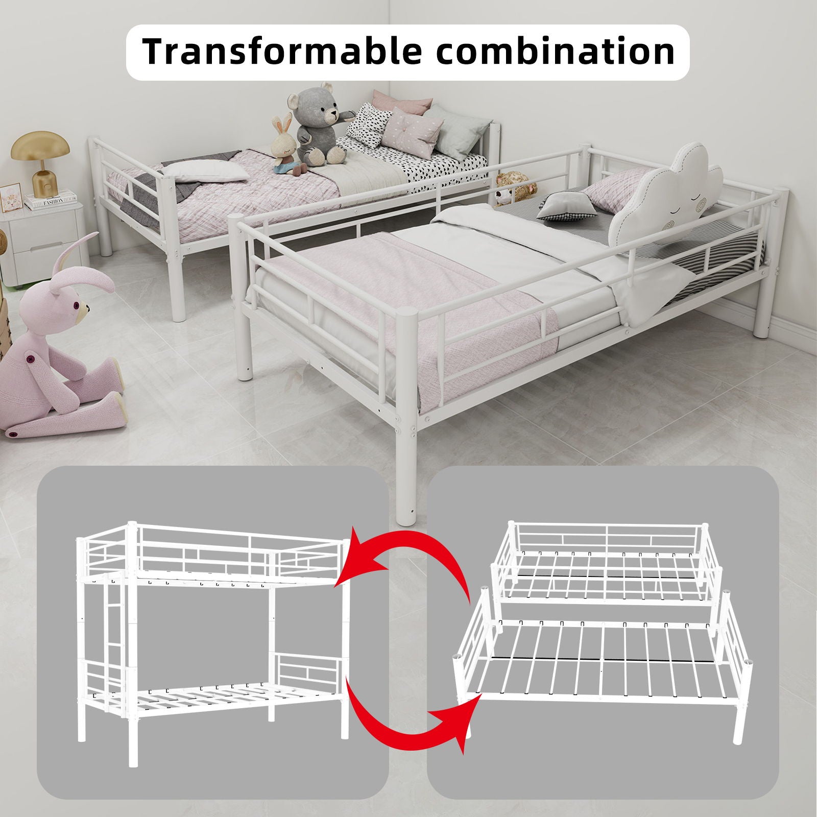 Metal Bunk Bed For Kids, Convertible Bedframe With Ladders & Guardrail
