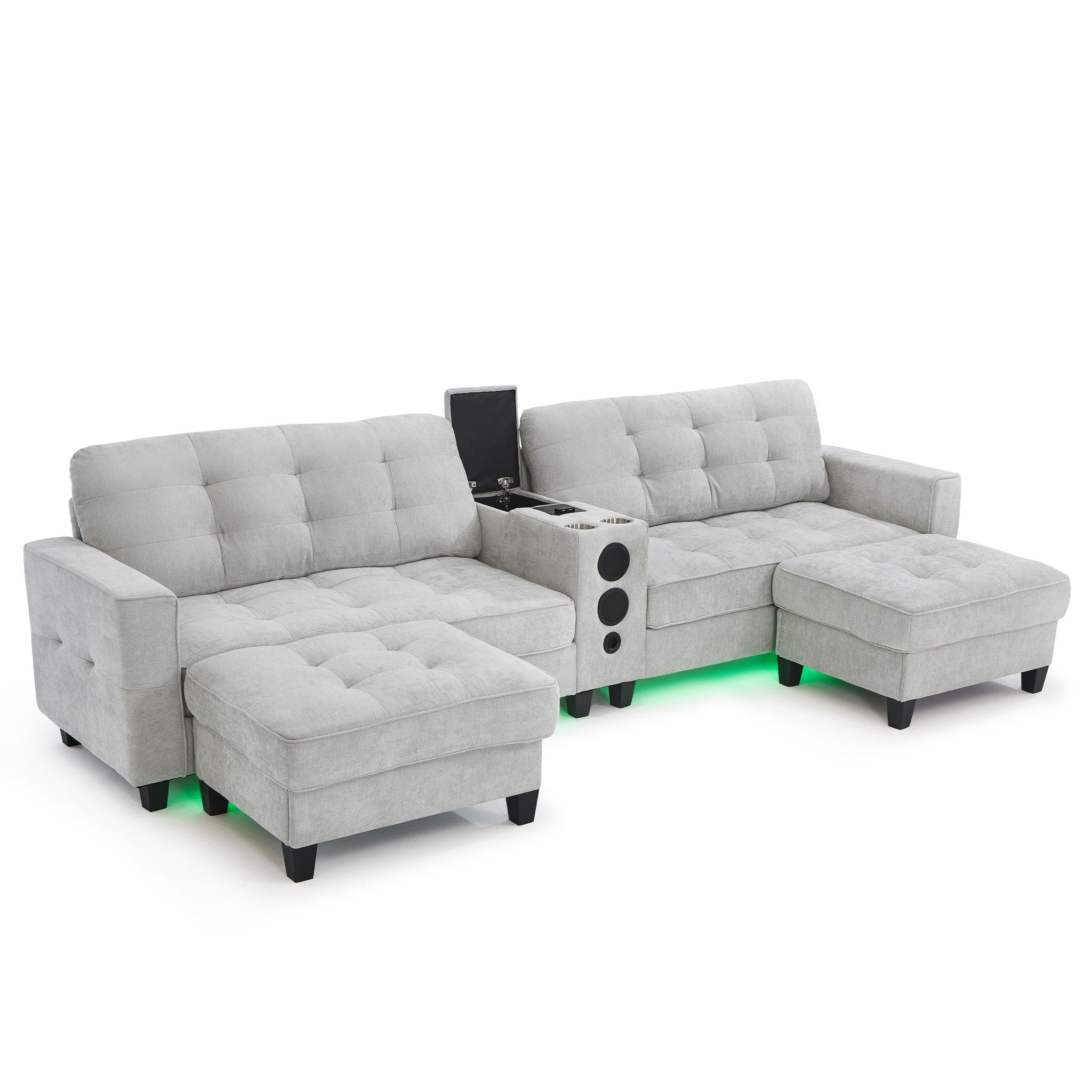 Modern Sectional Sofa U-Shaped With Movable Ottomans, tooth Speakers, LED Lights And Modular Storage