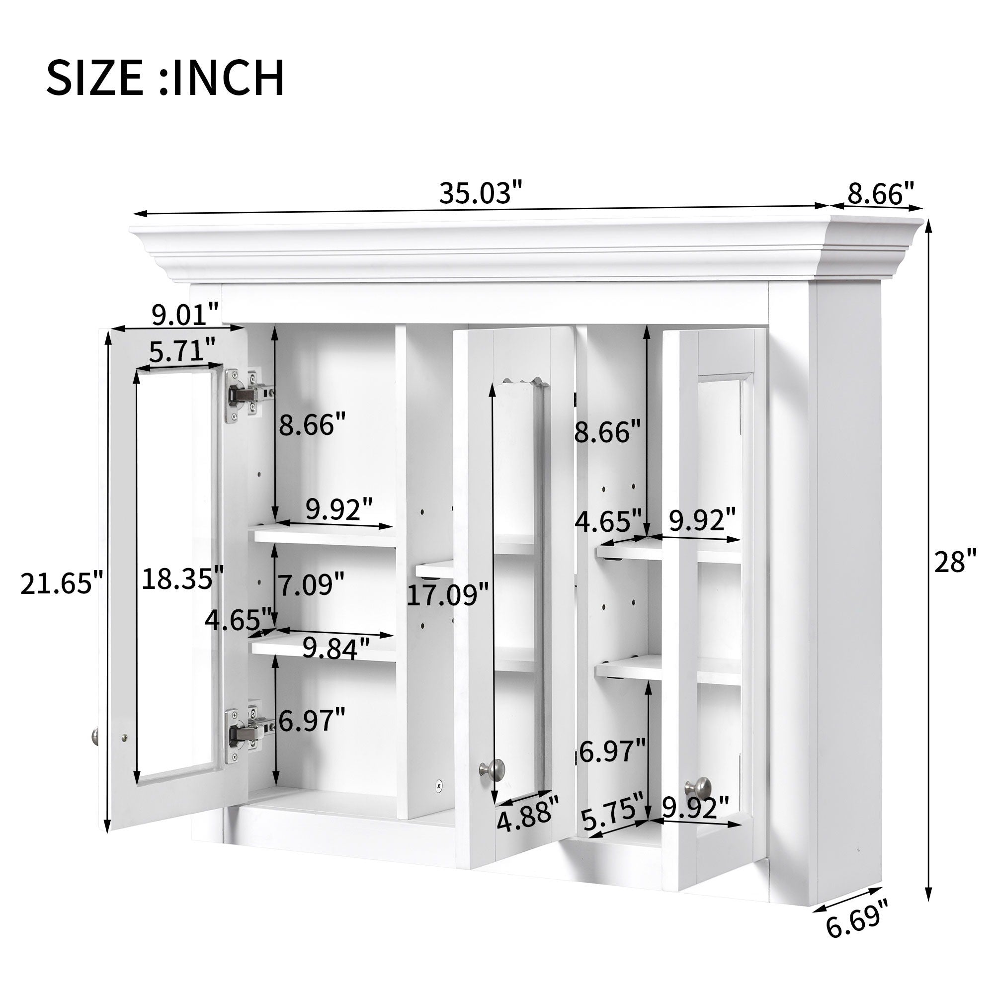 Bathroom Medicine Cabinet With Mirror, 5 Adjustable Closed Shelves, Wall-Mounted - White