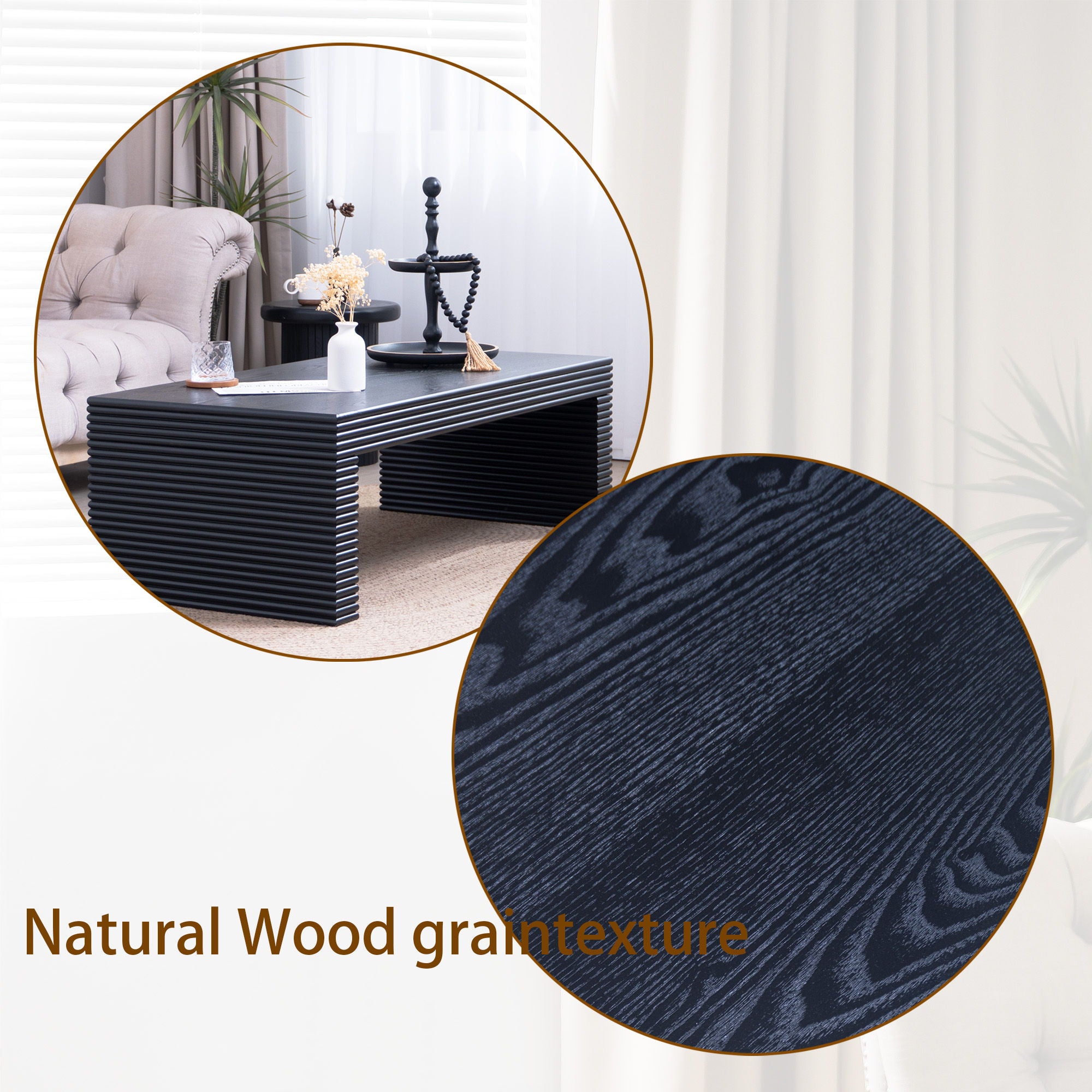Modern Ribbed Coffee Table, Rectangular Low Profile Center Table For Living Room - Black